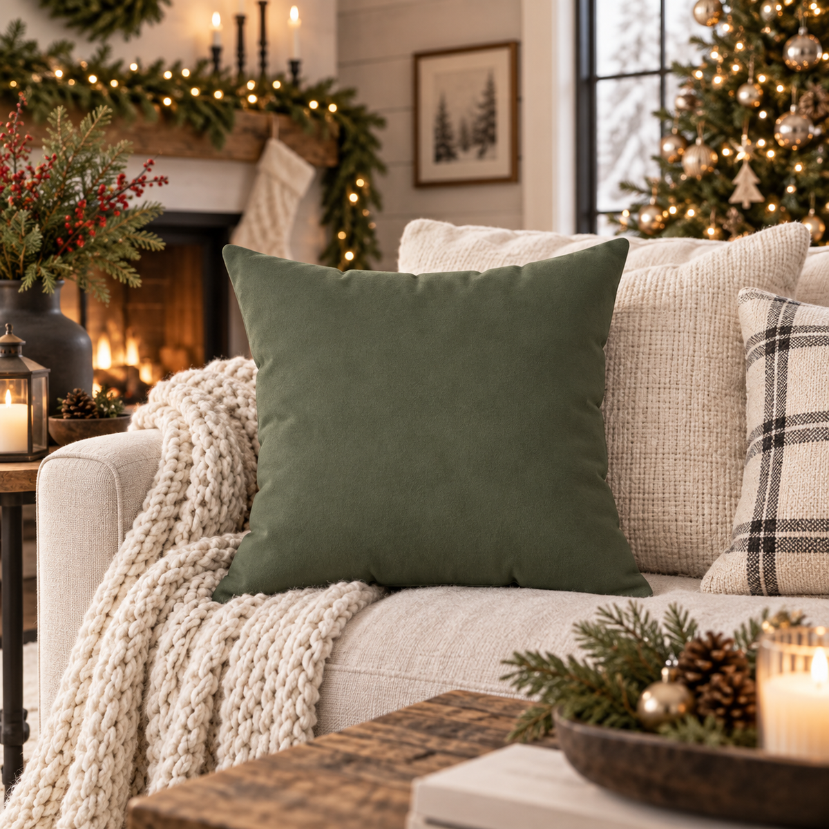 Olive Green Faux Suede Throw Pillow with Insert, Modern Farmhouse Decorative Couch Cushion, Christmas Throw Pillow