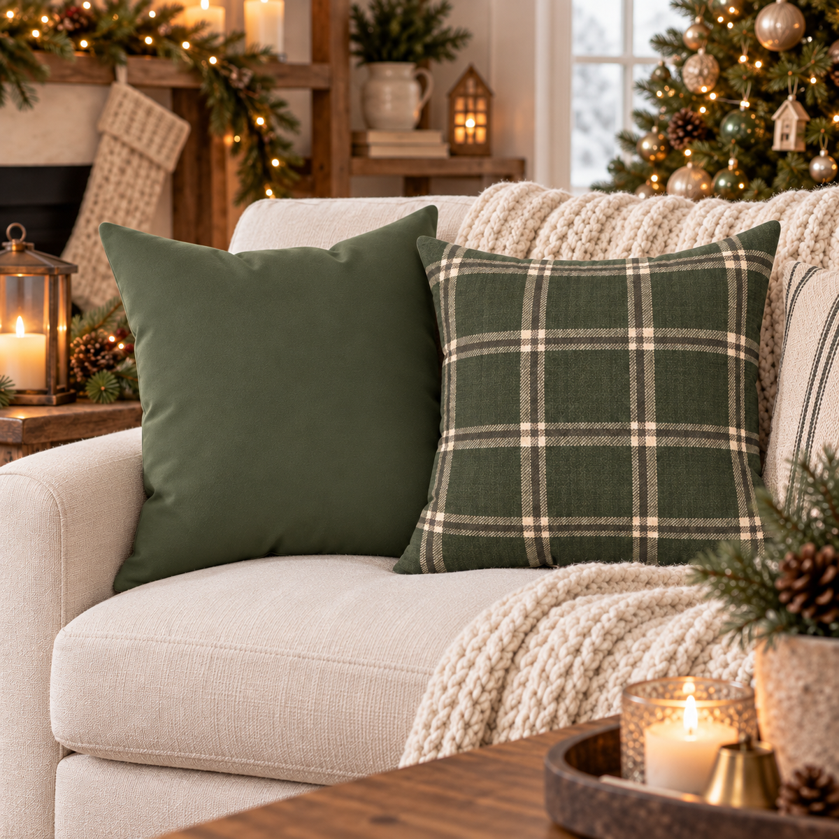 Olive Green Plaid Throw Pillow with Insert | Rustic Farmhouse Christmas Pillow, Faux Suede Cushion, Cozy Country Home Decor