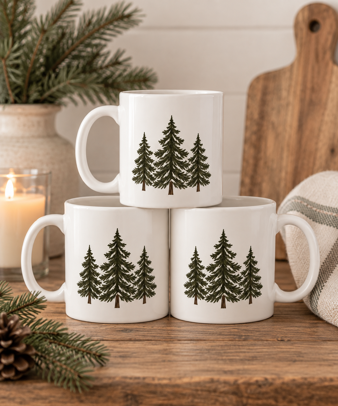 Three Evergreen Trees Coffee Mug, Rustic Farmhouse Christmas Mug, Pine Tree Coffee Cup, Woodland Winter Gift, Cozy Cabin Kitchen Decor