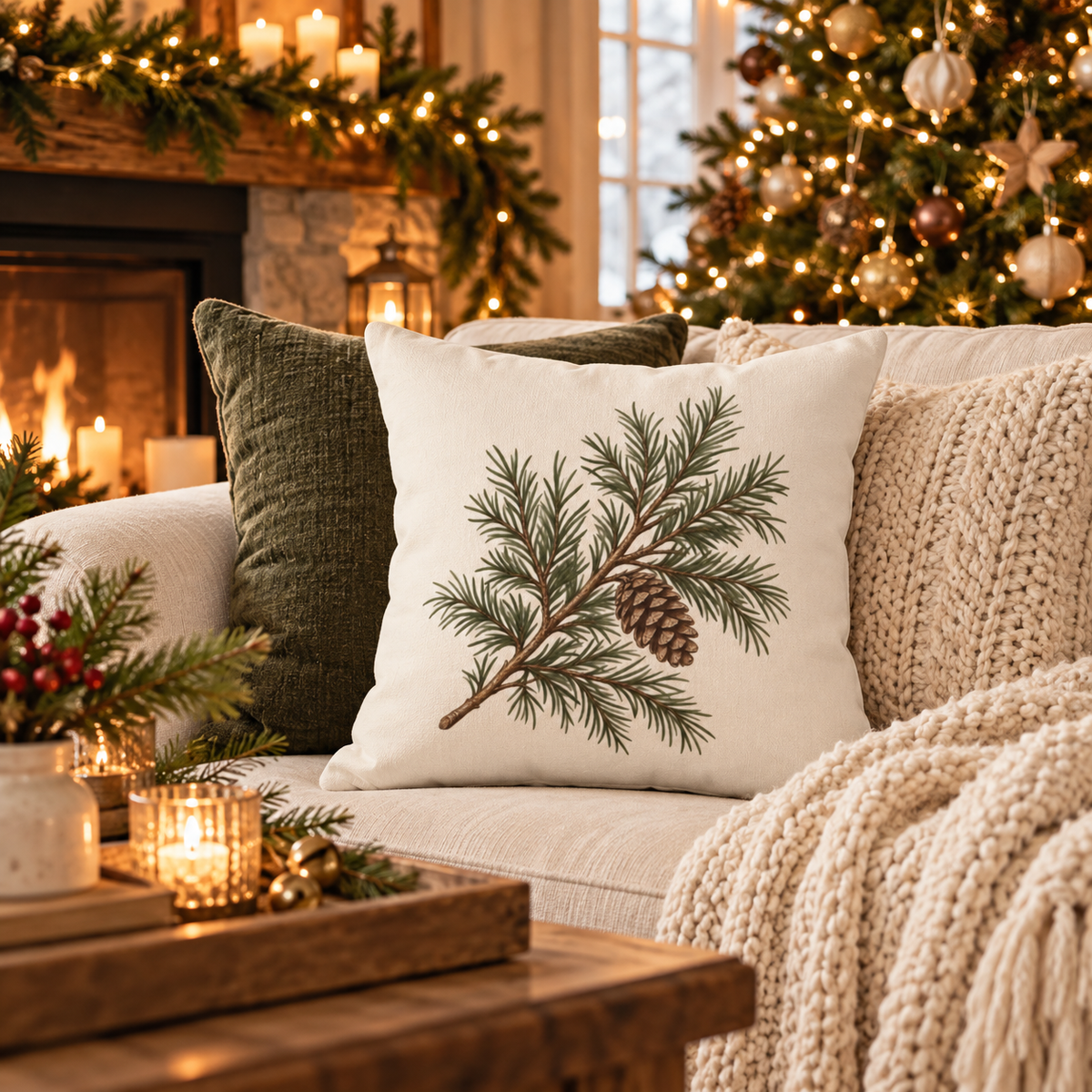 Pinecone Christmas Throw Pillow with Insert, Rustic Farmhouse Christmas Decor, Evergreen Branch Winter Pillow, Neutral Holiday Couch Accent