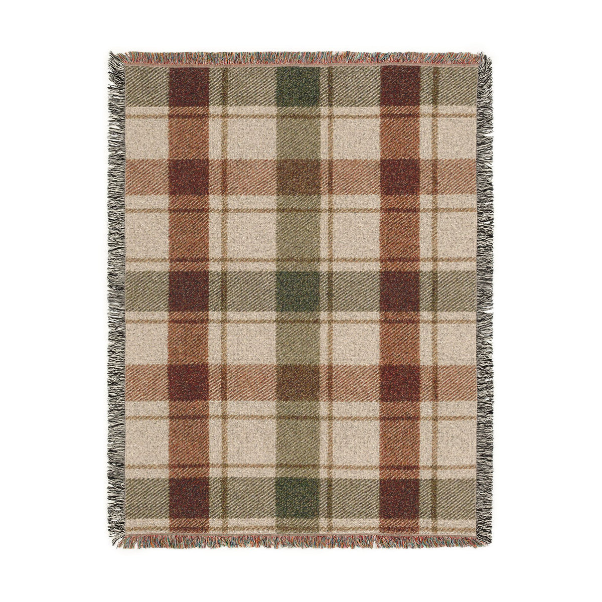 Plaid Woven Throw Blanket — Rustic Red & Olive Fringe Blanket