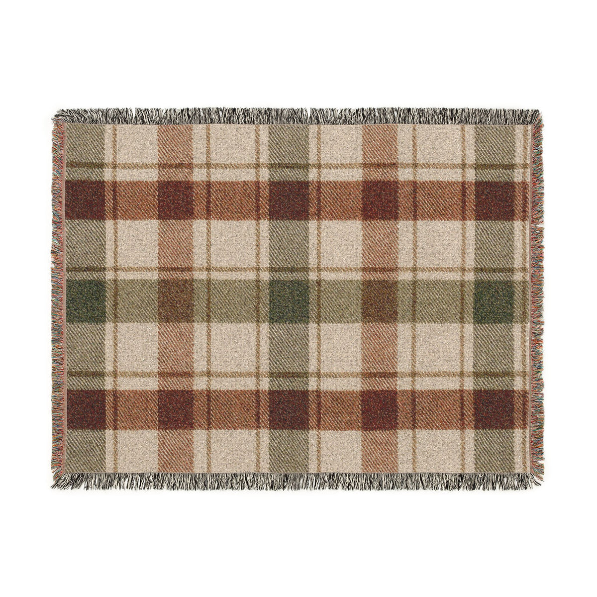 Plaid Woven Throw Blanket — Rustic Red & Olive Fringe Blanket