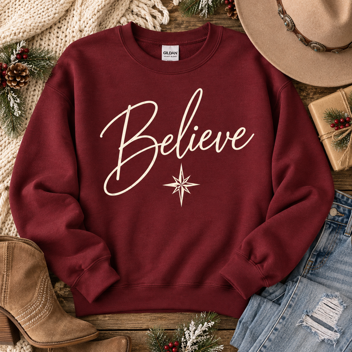 Believe Sweatshirt, Christmas Crewneck, Christmas Shirt, Womens Christmas Shirt, Christmas Gift, Country Shirt, Festive Holiday Gift