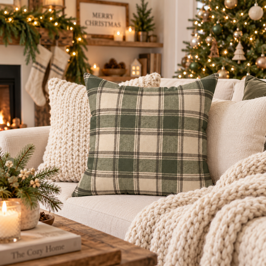 Olive Green Plaid Throw Pillow with Insert | Rustic Farmhouse Christmas Pillow, Faux Suede Cushion, Cozy Country Home Decor