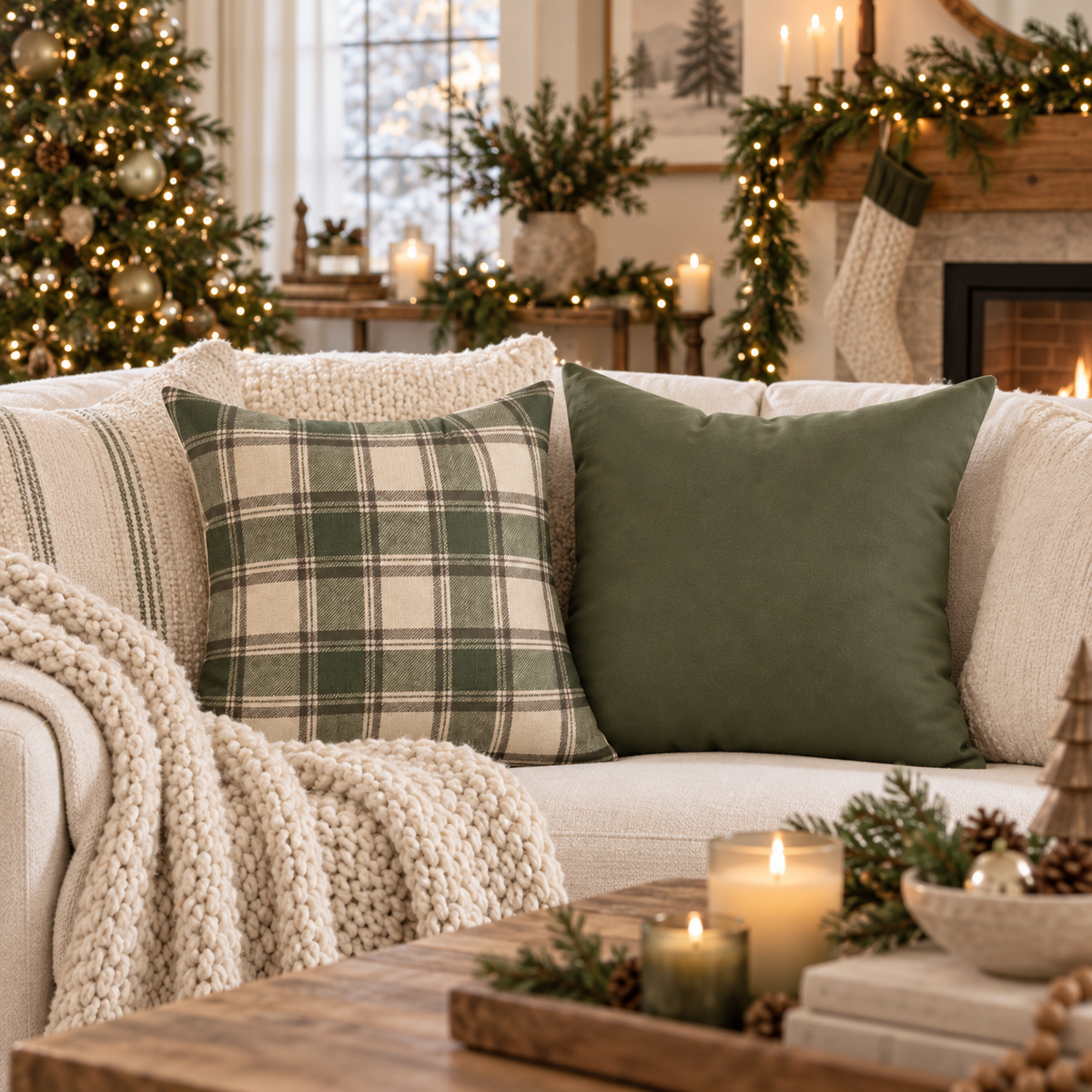 Olive Green Plaid Throw Pillow with Insert | Rustic Farmhouse Christmas Pillow, Faux Suede Cushion, Cozy Country Home Decor