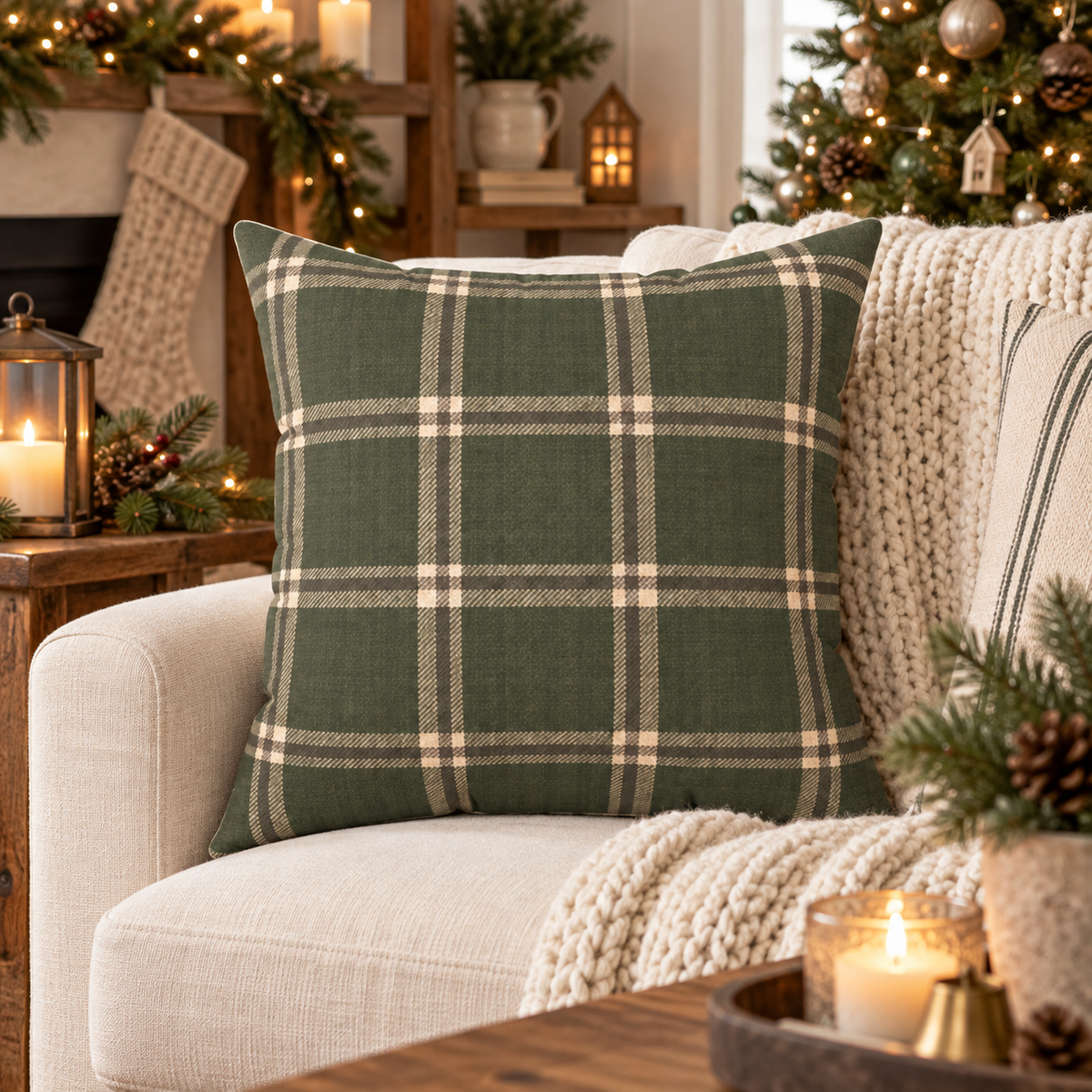 Olive Green Plaid Throw Pillow with Insert | Rustic Farmhouse Christmas Pillow, Faux Suede Cushion, Cozy Country Home Decor