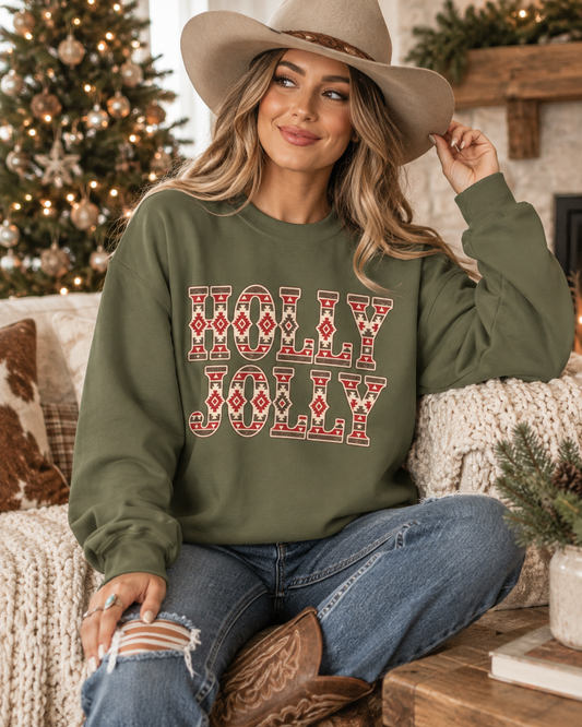 Holly Jolly Western Christmas Sweatshirt, Aztec Holiday Crewneck, Cowgirl Christmas Shirt, Country Christmas Gift