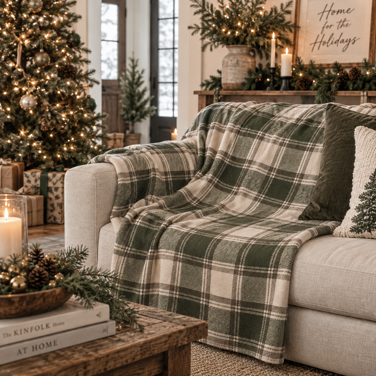 Olive Green Plaid Sherpa Blanket, Cozy Farmhouse Throw, Rustic Christmas Blanket, Soft Fleece Couch Blanket, Cabin Winter Decor