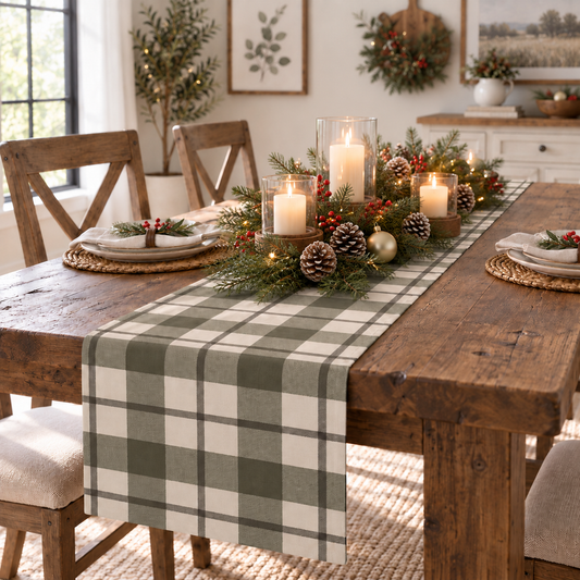Christmas Table Runner, Olive Green Plaid Table Runner, Farmhouse Christmas Decor, Holiday Table Decor, Rustic Christmas Tablescape