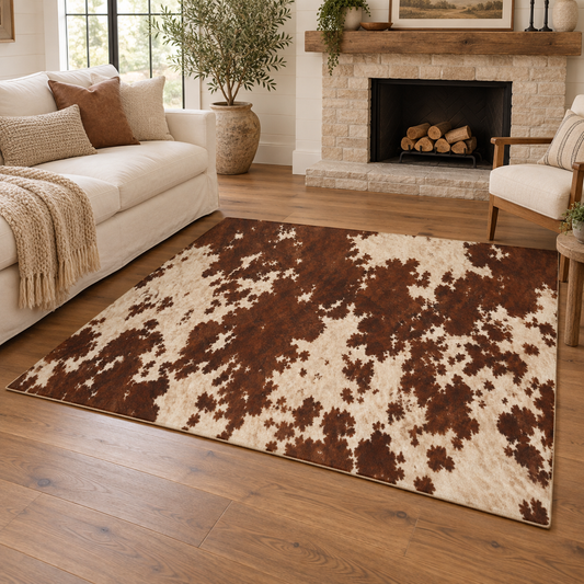 Washable Cowhide Print Rug, Brown Cream Western Area Rug, Rustic Farmhouse Living Room Rug, Non Slip Chenille Rug, Ranch Home Decor