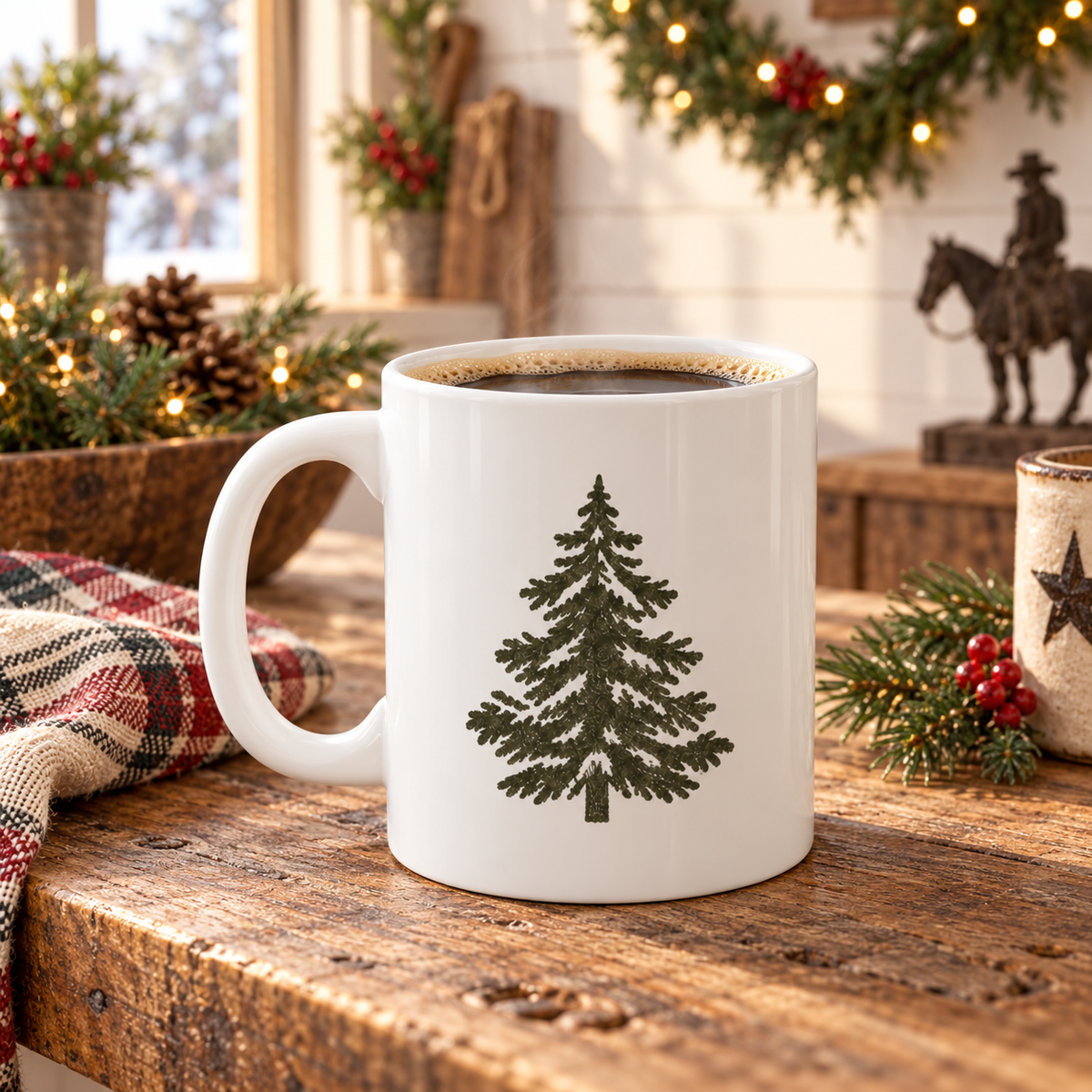 Pine Tree Coffee Mug, Rustic Farmhouse Christmas Mug, Evergreen Forest Coffee Cup, Cozy Cabin Decor, Woodland Holiday Gift