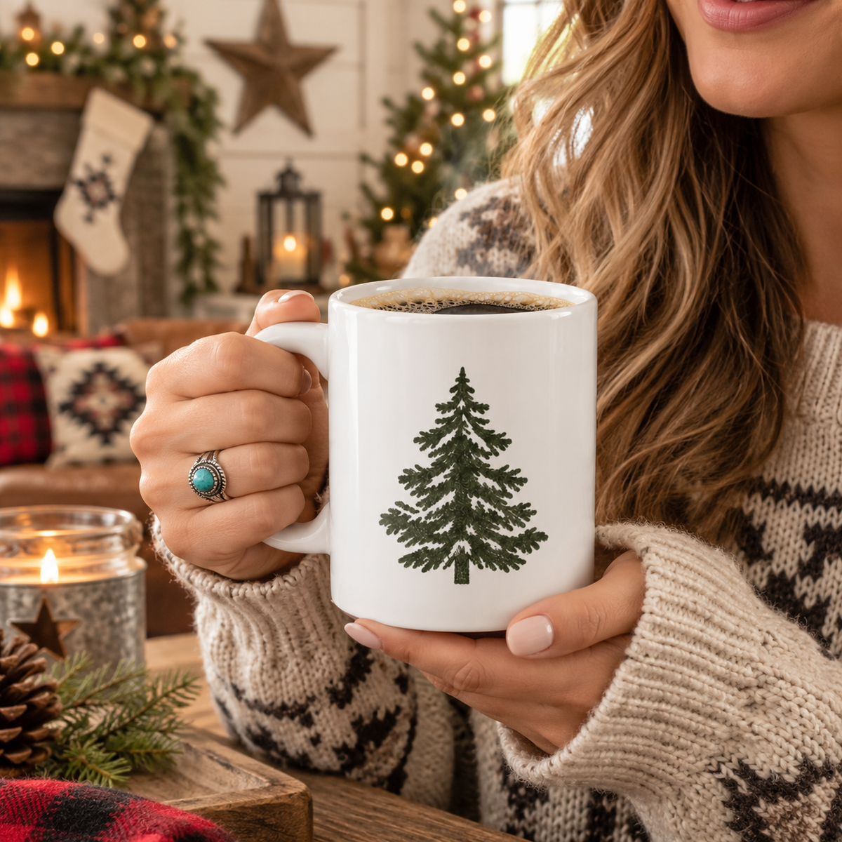 Pine Tree Coffee Mug, Rustic Farmhouse Christmas Mug, Evergreen Forest Coffee Cup, Cozy Cabin Decor, Woodland Holiday Gift