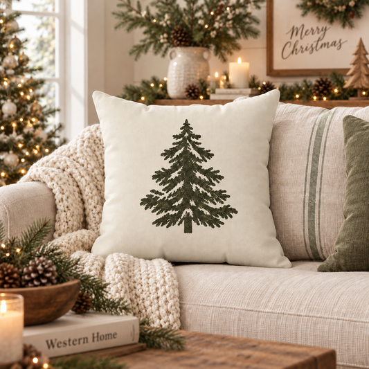 Evergreen Christmas Tree Throw Pillow | Rustic Farmhouse Christmas Decor | Forest Green Holiday Pillow | Neutral Winter Couch Cushion