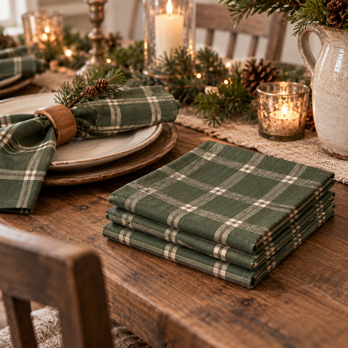 Olive Green Plaid Cloth Napkins Set of 4, Rustic Farmhouse Table Linens, Christmas Dinner Napkins, Reusable Country Kitchen Decor