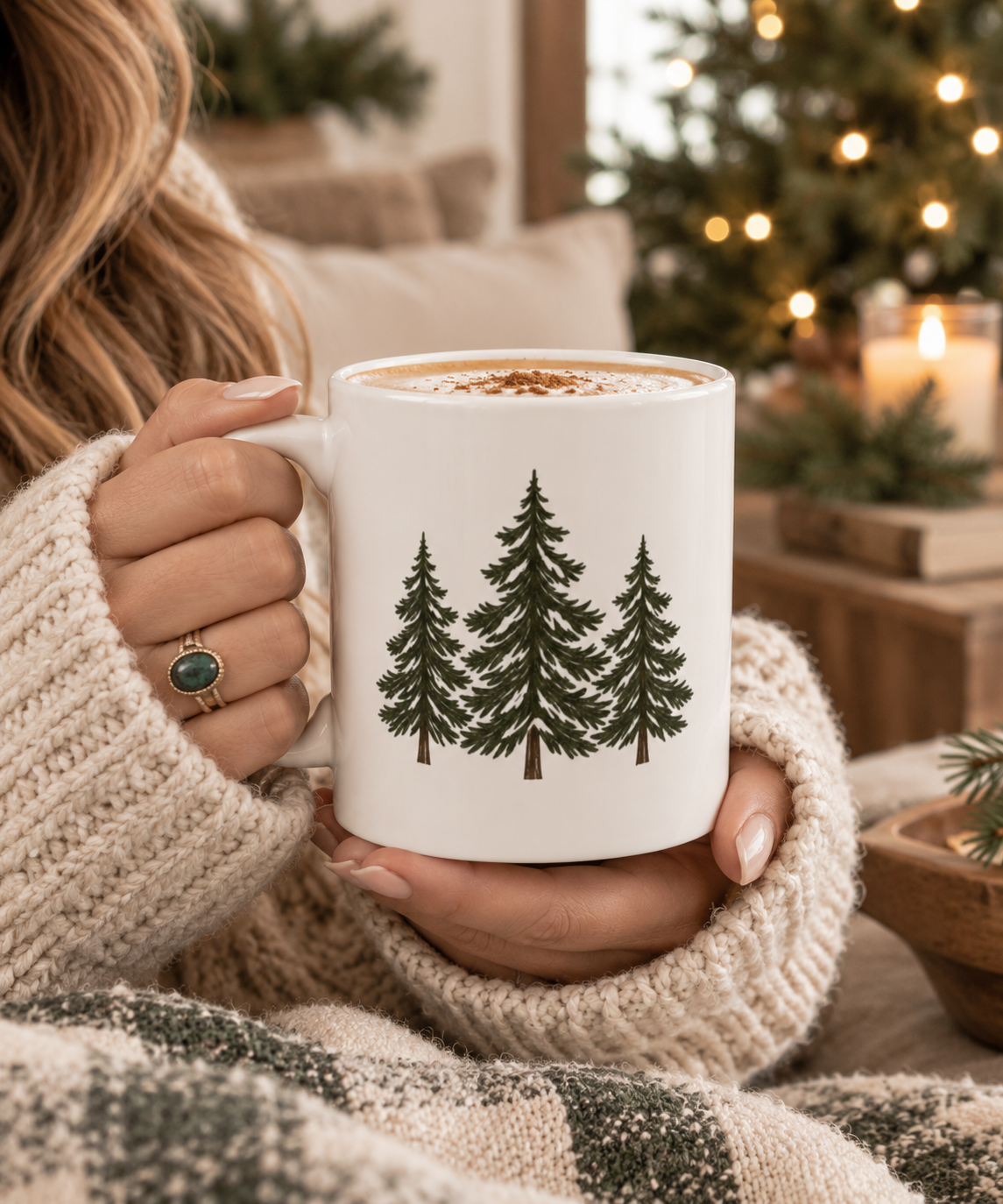 Three Evergreen Trees Coffee Mug, Rustic Farmhouse Christmas Mug, Pine Tree Coffee Cup, Woodland Winter Gift, Cozy Cabin Kitchen Decor