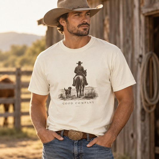 Mens Cowboy Dog Shirt, Western Horse Riding T Shirt, Ranch Life Graphic Tee, Country Western Clothing, Cowboy Gift for Him, Good Company T