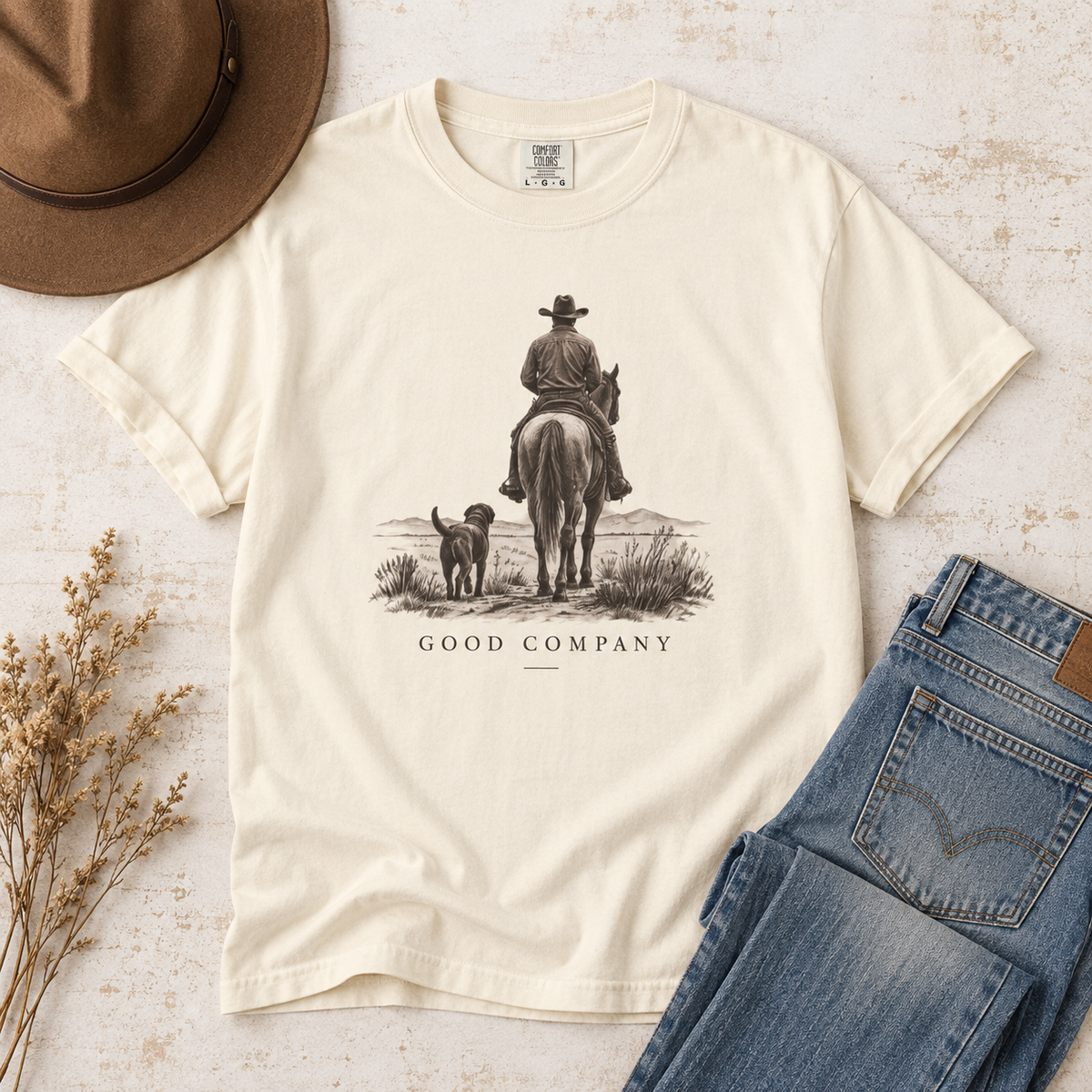 Mens Cowboy Dog Shirt, Western Horse Riding T Shirt, Ranch Life Graphic Tee, Country Western Clothing, Cowboy Gift for Him, Good Company T