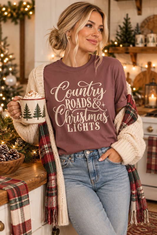 Country Roads & Christmas Lights Shirt, Western Christmas Shirt, Cowgirl Christmas Tee, Country Christmas Shirt, Christmas Lights Shirt, Western Holiday Gift for Her