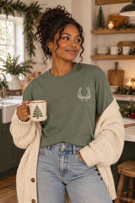 Western Christmas Shirt, Cowgirl Christmas Tee, Horseshoe Christmas Shirt, Country Christmas Shirt, Sage Green Holiday Shirt, Western Gift for Her