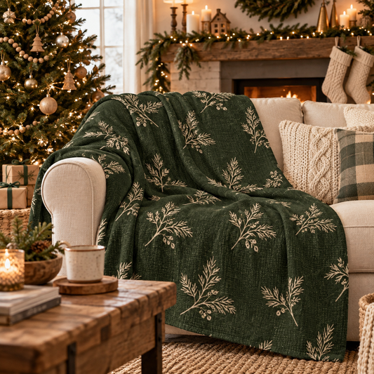 Christmas Sherpa Blanket, Forest Green Evergreen Throw Blanket, Cozy Farmhouse Christmas Decor, Botanical Winter Fleece Throw