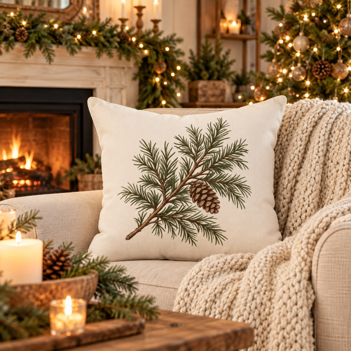 Pinecone Christmas Throw Pillow with Insert, Rustic Farmhouse Christmas Decor, Evergreen Branch Winter Pillow, Neutral Holiday Couch Accent
