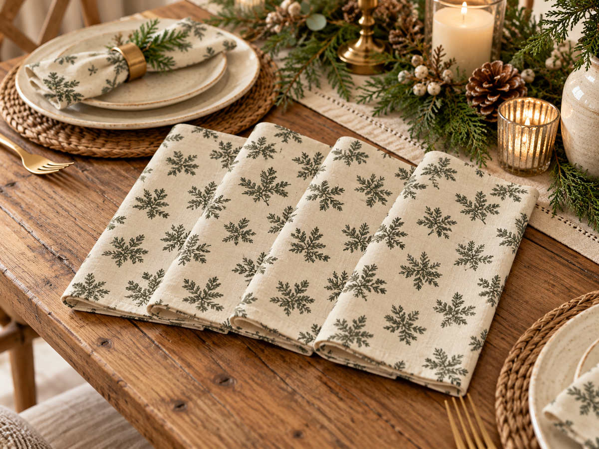 Christmas Cloth Napkins Set of 4, Evergreen Botanical Dinner Napkins, Rustic Farmhouse Holiday Table Decor, Sage Green and Cream