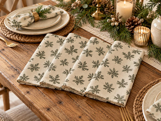 Christmas Cloth Napkins Set of 4, Evergreen Botanical Dinner Napkins, Rustic Farmhouse Holiday Table Decor, Sage Green and Cream