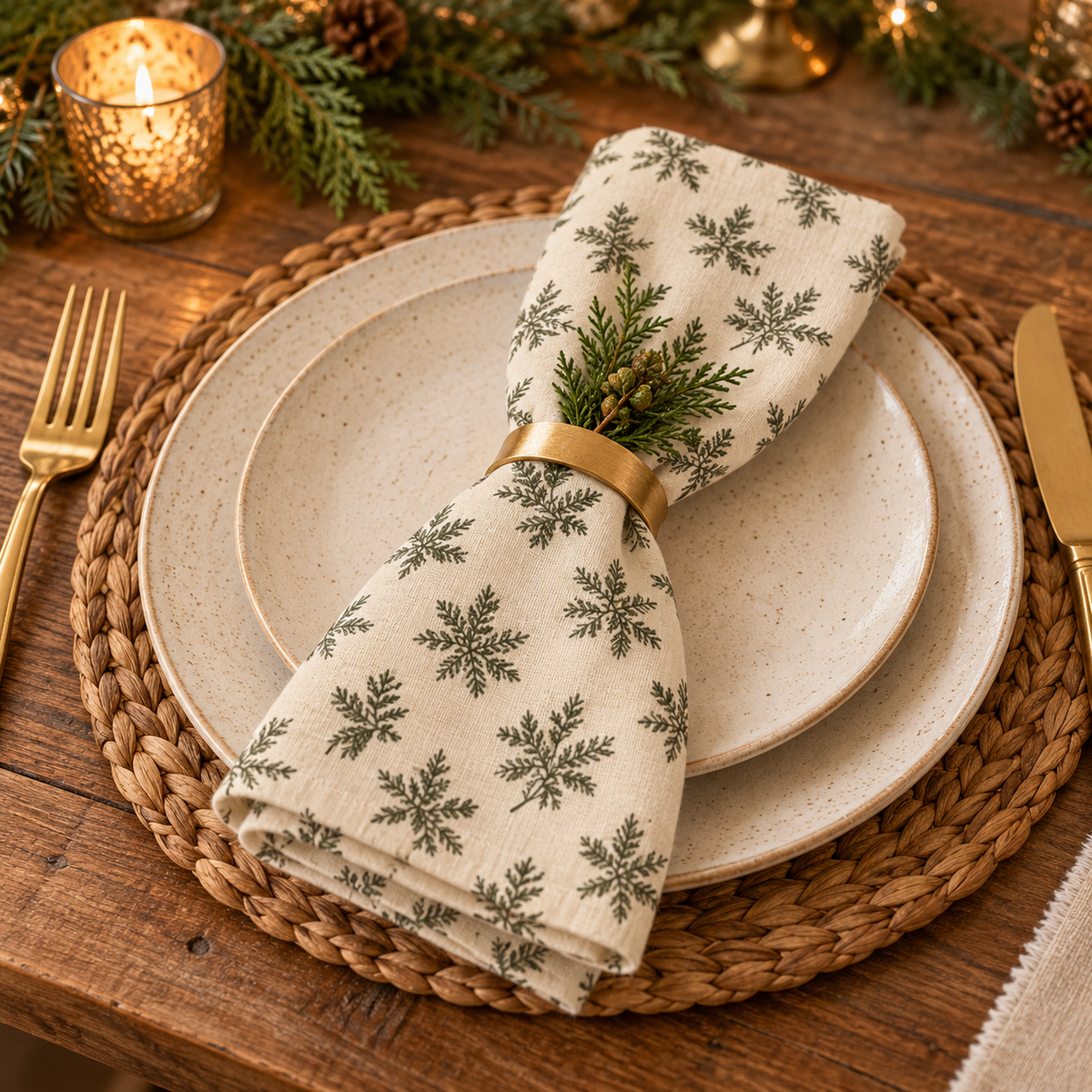 Christmas Cloth Napkins Set of 4, Evergreen Botanical Dinner Napkins, Rustic Farmhouse Holiday Table Decor, Sage Green and Cream