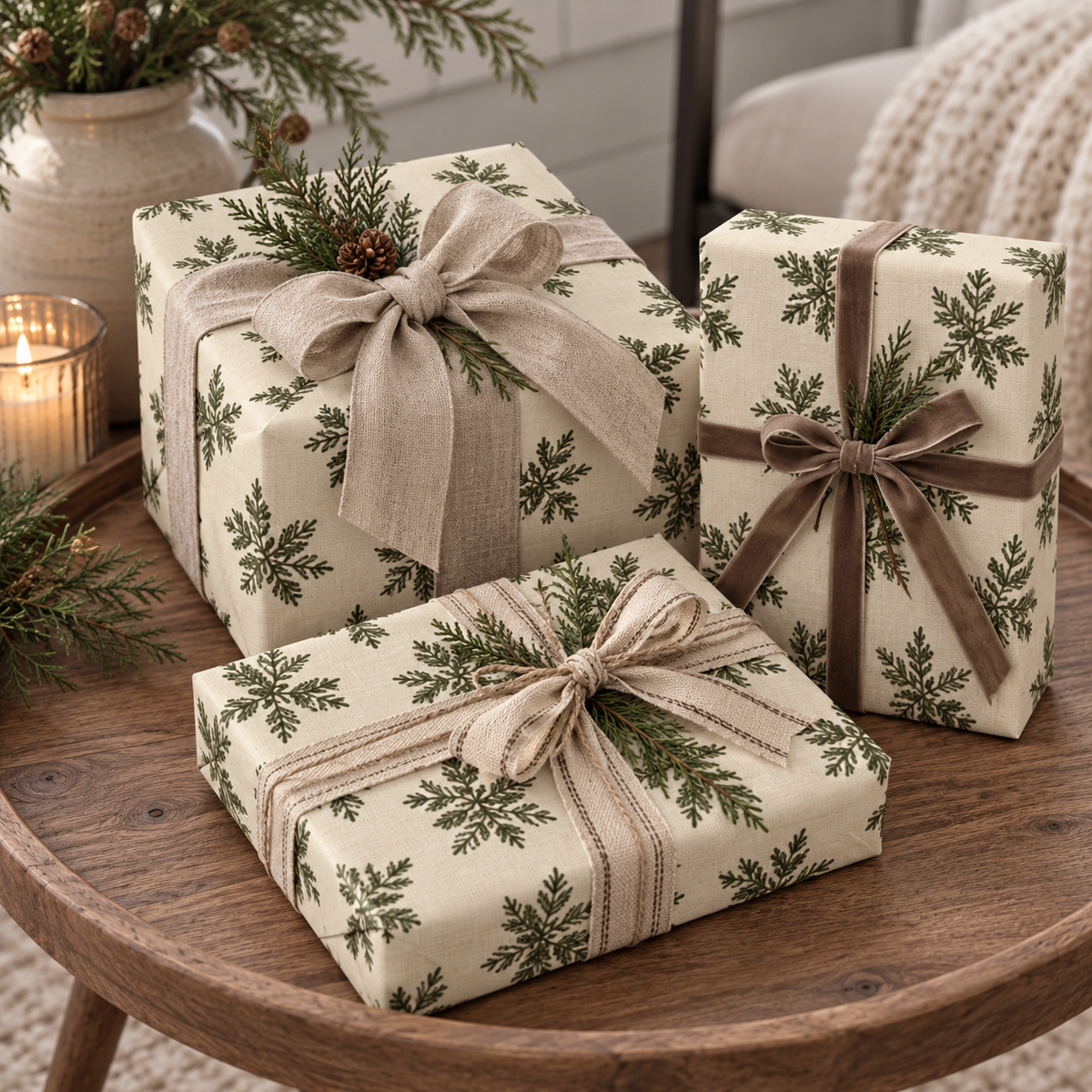 Christmas Wrapping Paper, Evergreen Pine Branch Gift Wrap, Rustic Farmhouse Holiday Paper Roll, Neutral Botanical Christmas Gift Wrap