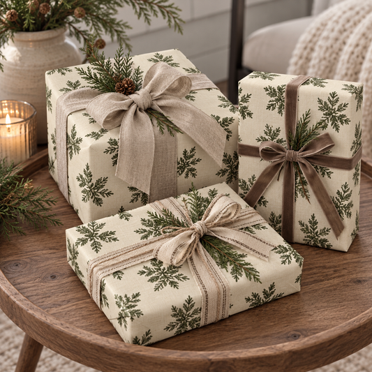 Christmas Wrapping Paper, Evergreen Pine Branch Gift Wrap, Rustic Farmhouse Holiday Paper Roll, Neutral Botanical Christmas Gift Wrap