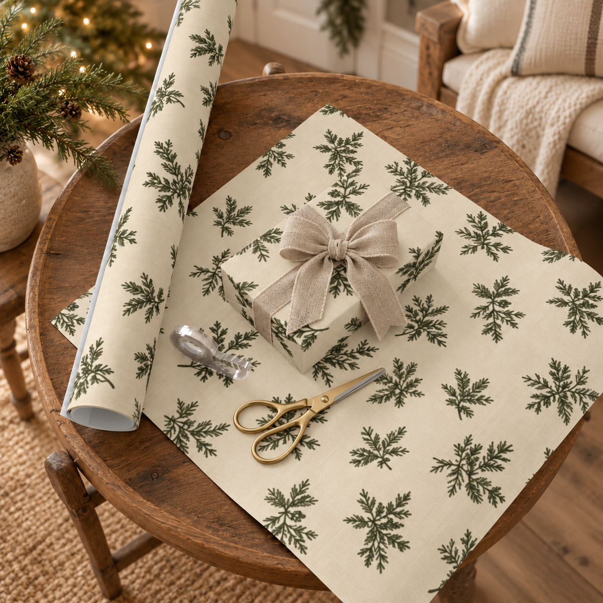 Christmas Wrapping Paper, Evergreen Pine Branch Gift Wrap, Rustic Farmhouse Holiday Paper Roll, Neutral Botanical Christmas Gift Wrap