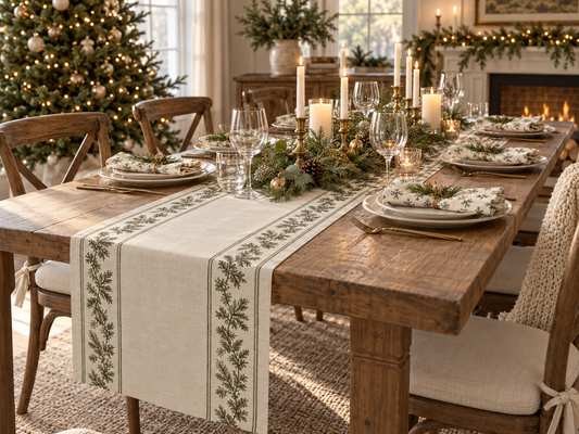 Farmhouse Christmas Table Runner, Olive Green Pine Garland, Cream Botanical Holiday Dining Decor, 16x90