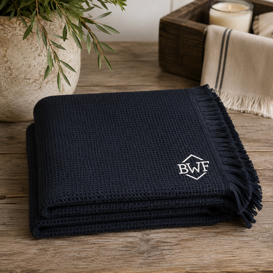 BWF Embroidered Cotton Waffle Throw - Navy