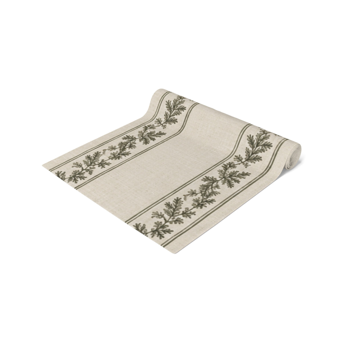 Farmhouse Christmas Table Runner, Olive Green Pine Garland, Cream Botanical Holiday Dining Decor, 16x90